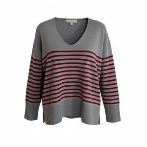 Loft Stripe V-Neck Long Sleeve Knit Pullover Sweater Gray Red Size Large